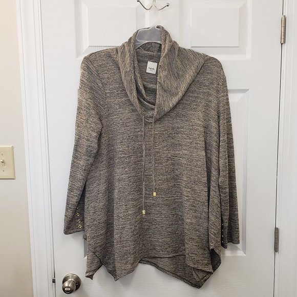 Rafaella weekend, Tan black, cowlneck drawstring, sharkbite hem knit tunic, SZXL - Picture 1 of 14